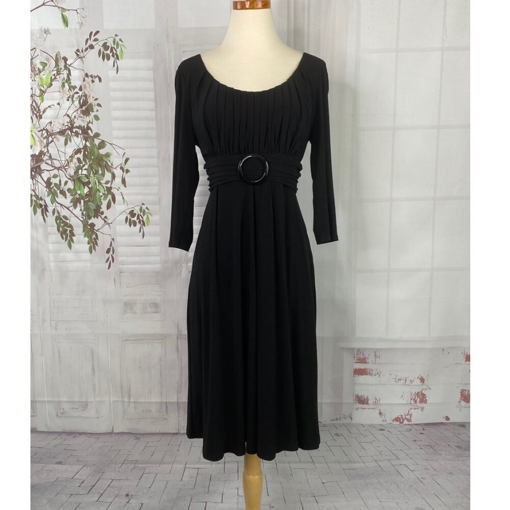 Julian Taylor 8 Dress Black Stretch Jersey LBD 3/4 Sleeve Pleated Scoop Neck EUC
